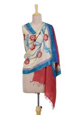 Silk shawl, 'Apple Blooms' - Hand Woven Floral Indian Silk Shawl in Peacock and Apple