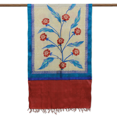 Silk shawl, 'Apple Blooms' - Hand Woven Floral Indian Silk Shawl in Peacock and Apple