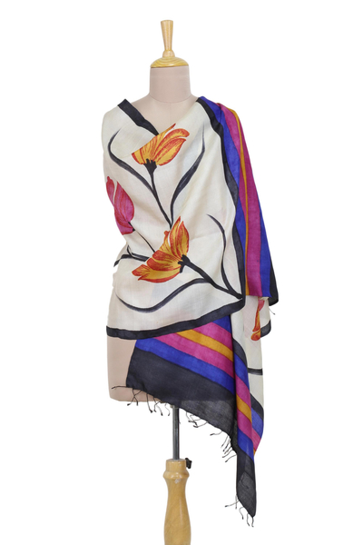 Mantón de seda - Mantón de seda floral multicolor tejido a mano de la India