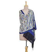 Silk shawl, 'Sapphire Symphony' - Hand Woven Silk Shawl in Coal Lapis and Indigo from India