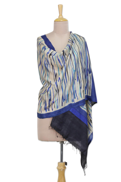 Silk shawl, 'Sapphire Symphony' - Hand Woven Silk Shawl in Coal Lapis and Indigo from India