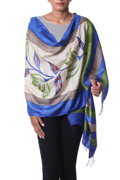 Silk shawl, 'Morning Orchids' - Hand Woven Floral Silk Shawl in Blue and Green from India