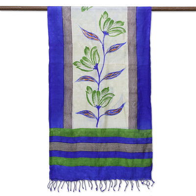 Silk shawl, 'Morning Orchids' - Hand Woven Floral Silk Shawl in Blue and Green from India