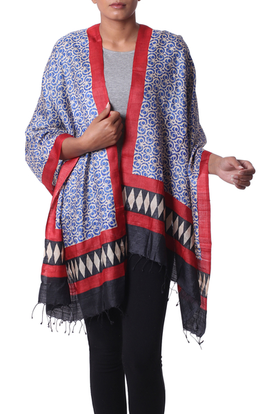 Silk shawl, 'Sapphire Crests' - Hand Woven Indian Silk Shawl in Sapphire Crimson and Black