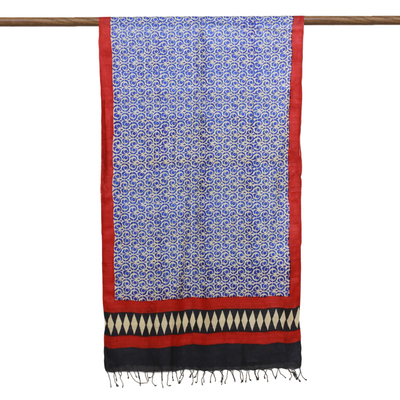 Silk shawl, 'Sapphire Crests' - Hand Woven Indian Silk Shawl in Sapphire Crimson and Black