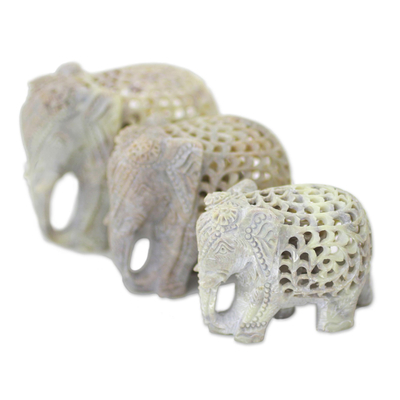 Set of Three Hand Carved Soapstone Elephant Figurines