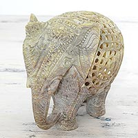 Soapstone statuette, 'Elephant Royalty' - Hand Carved Soapstone Elephant Statuette from India