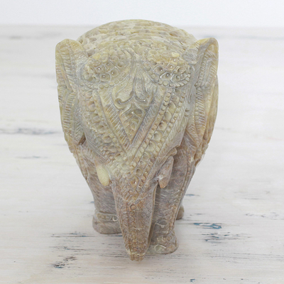 Soapstone statuette, 'Elephant Royalty' - Hand Carved Soapstone Elephant Statuette from India