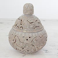 Soapstone decorative jar, 'Elephant Harmony'