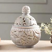 Soapstone decorative jar, 'Elephant Harmony' - Handcrafted Soapstone Candy Jar from India