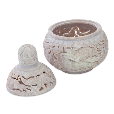Soapstone decorative jar, 'Elephant Harmony' - Handcrafted Soapstone Candy Jar from India