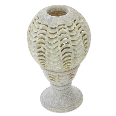 Soapstone tealight candle holder, 'Magical Globe' - Handcrafted Soapstone Candle Holder from India