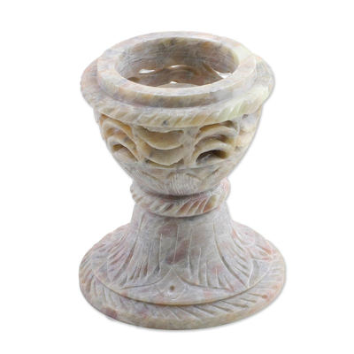 Soapstone tealight candle holder, 'Magical Globe' - Handcrafted Soapstone Candle Holder from India