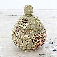 Soapstone decorative jar, 'Floral Cream' - Hand Crafted Indian Soapstone Jar and Lid with Floral Motifs