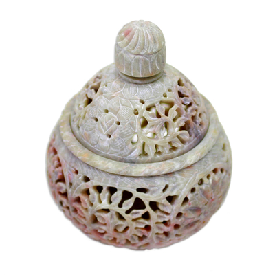 Dekoratives Glas aus Speckstein - Handgefertigtes indisches Specksteinglas und Deckel mit Blumenmotiven
