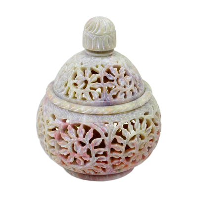 Soapstone decorative jar, 'Floral Cream' - Hand Crafted Indian Soapstone Jar and Lid with Floral Motifs
