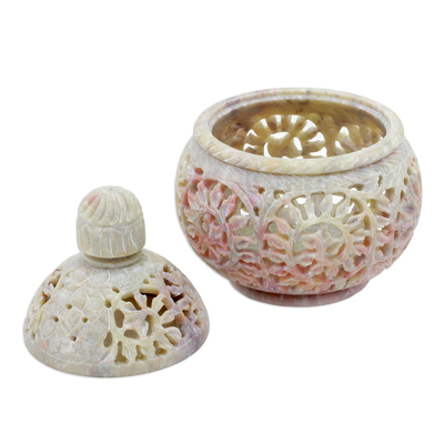 Dekoratives Glas aus Speckstein - Handgefertigtes indisches Specksteinglas und Deckel mit Blumenmotiven