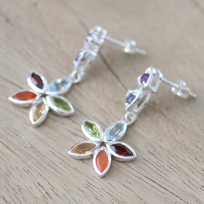 Multi-gemstone dangle earrings, 'Floral Hearts' - Multi Gemstone and Sterling Silver Floral Heart Earrings