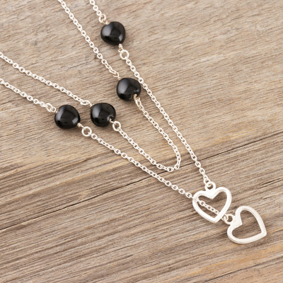 Onyx station necklace, 'True Romance' - Black Onyx and Sterling Silver Station Necklace with Hearts