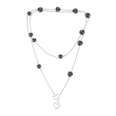 Onyx station necklace, 'True Romance' - Black Onyx and Sterling Silver Station Necklace with Hearts