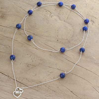 Lapis lazuli station necklace, 'Blue Planet Love' - Lapis Lazuli and Sterling Silver Long Necklace with Hearts