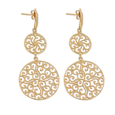 Gold plated sterling silver dangle earrings, 'Golden Waves' - 22k Gold Plated Sterling Silver Dangle Earrings from India