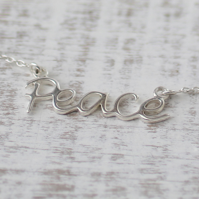 Sterling silver pendant necklace, 'Peace Mantra' - Peace Theme Sterling Silver Pendant Necklace from India
