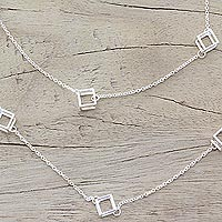 Sterling silver long station necklace, 'Silver Cubism' - Long Sterling Silver Cube Station Necklace from India