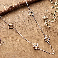 Sterling silver long station necklace, 'Silver Cubism' - Long Sterling Silver Cube Station Necklace from India