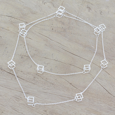 Sterling silver long station necklace, 'Silver Cubism' - Long Sterling Silver Cube Station Necklace from India