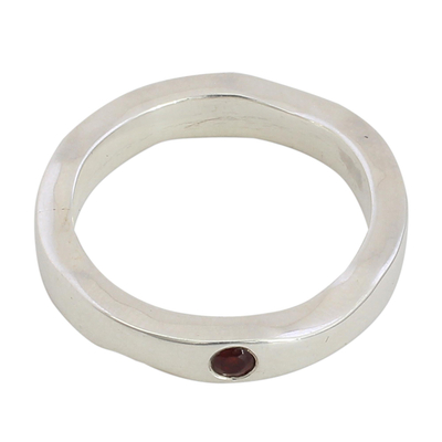 Garnet band ring, 'Curvy Sophistication in Red' - Sterling Silver and Garnet Band Ring from India