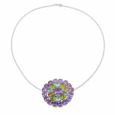 Multi-gemstone pendant necklace, 'Glamour Burst' - Sterling Silver Gemstone Pendant Necklace from India