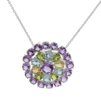 Multi-gemstone pendant necklace, 'Glamour Burst' - Sterling Silver Gemstone Pendant Necklace from India
