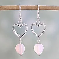 Pendientes colgantes de ónix, 'Romance Hearts in Pink' - Pendientes colgantes de corazón de ónix rosa de plata de ley de la India