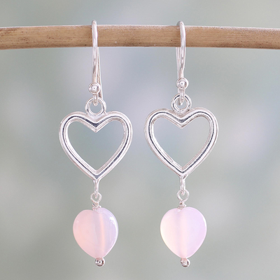 Sterling Silver Pink Onyx Heart Dangle Earrings from India, 'Romance Hearts  in Pink'