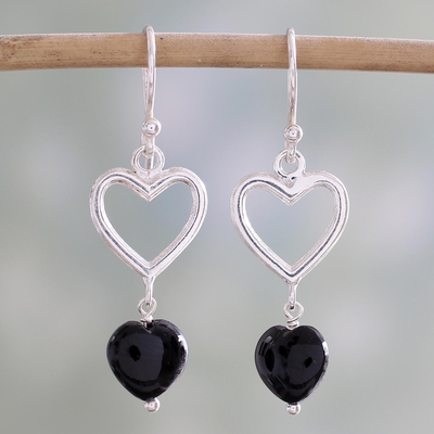 Onyx dangle earrings, 'Romance Hearts in Black' - Sterling Silver Black Onyx Heart Dangle Earrings from India