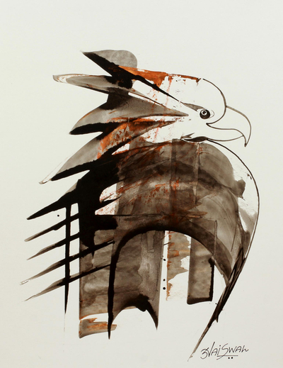 'The Fierce Hawk' - Original Signed Brown Hawk Painting from India