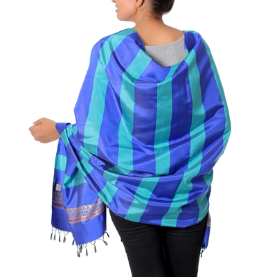 Silk shawl, 'Striped Shimmer in Lapis' - Striped Silk Shawl in Lapis and Caribbean Blue from India