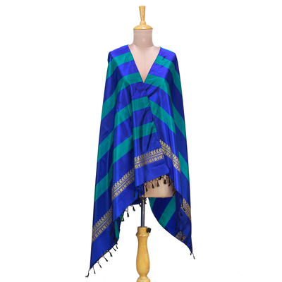 Mantón de seda - Chal de Seda a Rayas Lapislázuli y Azul Caribe de India