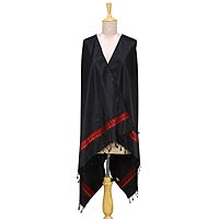 Silk shawl, 'Beautiful Serenity in Black' - Jacquard Silk Shawl in Black and Poppy from India