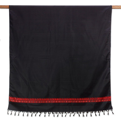 Silk shawl, 'Beautiful Serenity in Black' - Jacquard Silk Shawl in Black and Poppy from India