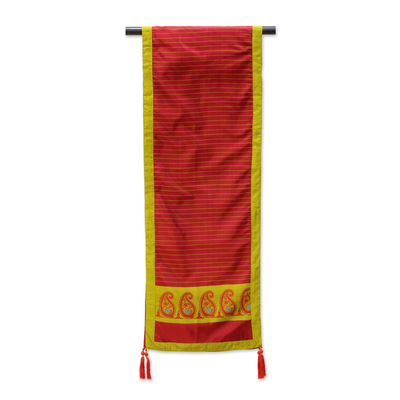 Silk table runner, 'Regal Holiday in Crimson' - Jacquard Silk Table Runner in Crimson and Honey from India