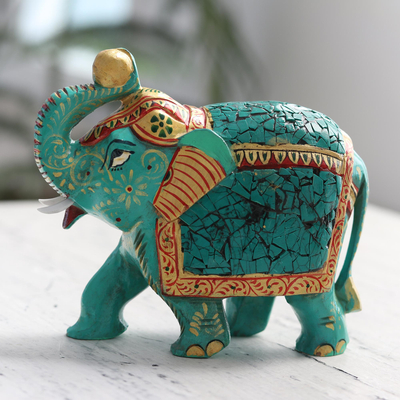 Wood figurine, 'Eucalyptus Elephant' - Green Lucky Elephant Figurine Artisan Crafted Sculpture