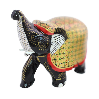 Wood figurine, 'Elephant Fortune' - Handcrafted Black Elephant Wood Figurine with Golden Coat