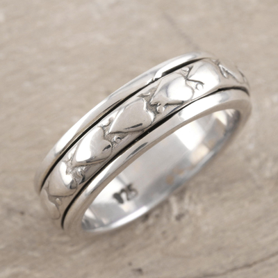 Sterling silver meditation spinner ring, 'Heart Meditation' - Indian Sterling Silver Heart Motif Spinning Meditation Ring