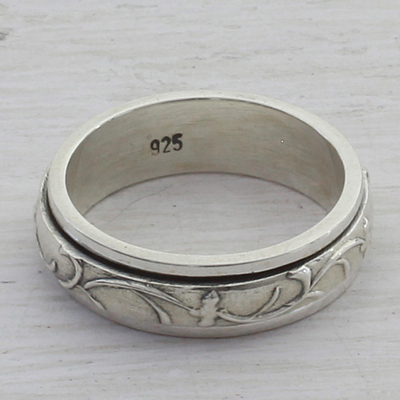 Sterling silver meditation spinner ring, 'Spinning Vines' - Artisan Crafted Sterling Silver Spinner Ring from India