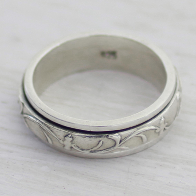 Sterling silver meditation spinner ring, 'Spinning Vines' - Artisan Crafted Sterling Silver Spinner Ring from India