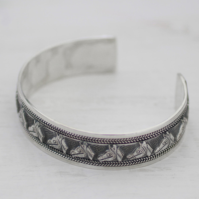 Sterling silver cuff bracelet, 'Procession of Horses' - Artisan Crafted Sterling Silver Horse Theme Cuff Bracelet