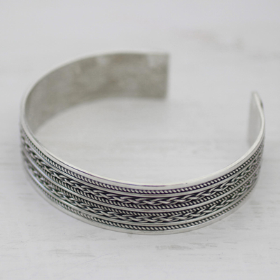 Sterling silver cuff bracelet, 'Twirling Fascination' - Hand Crafted Sterling Silver Cuff Bracelet with Rope Motifs