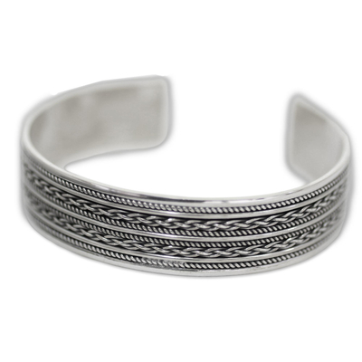 Sterling silver cuff bracelet, 'Twirling Fascination' - Hand Crafted Sterling Silver Cuff Bracelet with Rope Motifs